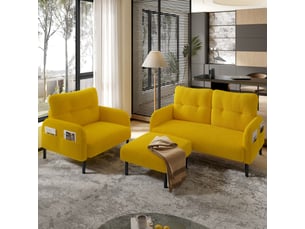 Ensemble canapé 3 pièces jaune moutarde: canapé 2 places, fauteuil et ottoman modulable, siège profond, poche lat.