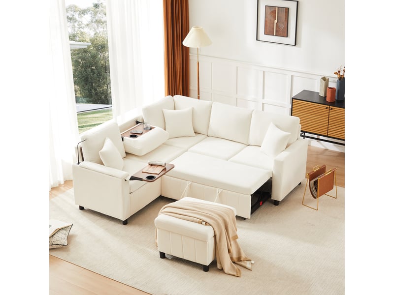  Canapé d’angle convertible avec table et ports usb-c  - liseuse, rangement, chenille beige 205 × 205 × 85 cm  - Conforama C