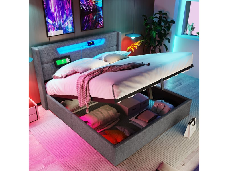  Lit coffre avec led et ports usbusb-c, sommier relevable, tissu gris 160x200 cm  - Conforama B