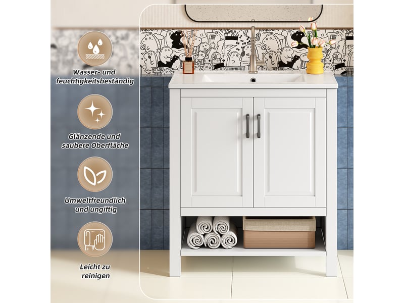 Meuble vasque blanc laqué mdf et céramique 76,5×47×83 cm, 2 portes à fermeture amortie, rangements et niche ouverte - Conforama D