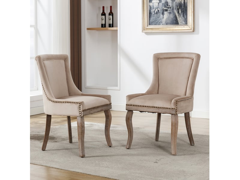 Chaise de salle à manger lot de 2 rembourrée avec clous décoratifs et dossier courbé en velours beige 55 × 61 × 91 cm - Conforama D
