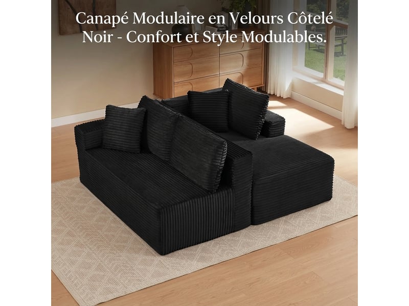  Canapé modulable 4 places canapé d'angle noir avec méridienne surdimensionnée en mousse à mémoire de forme  - Conforama D