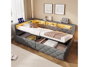 Lit coffre 90x200 cm avec rangement hydraulique, tête de lit avec étagère, LED RGB réglable et port USB, lit rembourré en lin - Gris