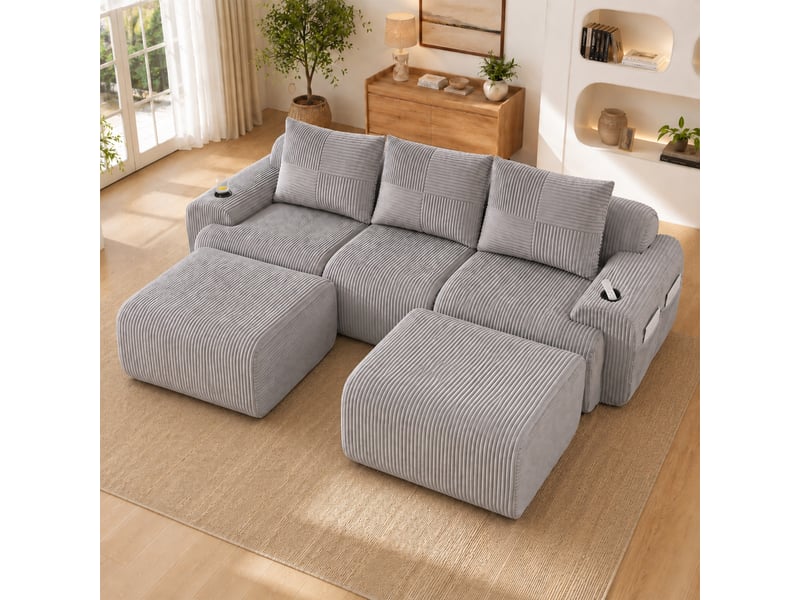  Canapé modulable, canapé de salon, en velours tricoté, gris clair, adapté à l'espace de vie, porte-gobelets  - Conforama A