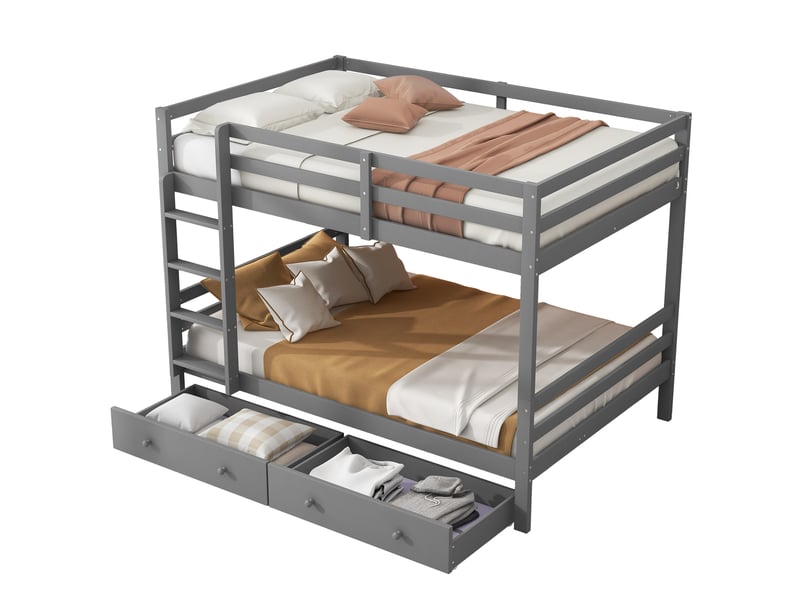  Lit superposés 140×200 cm avec tiroirs et barrières hautes, lit enfant avec espace de rangement et échelle, lit 2 personnes en gris  - Conforama R