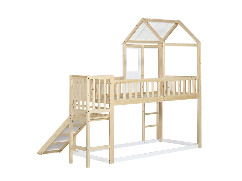  Lit superposé avec échelle à angle droit et toboggan, lit cabane avec toit et fenêtre, lit enfant avec protection antichute et barrière de sécurité, cadre en pin, naturel + blanc (90x200cm)  - Conforama E