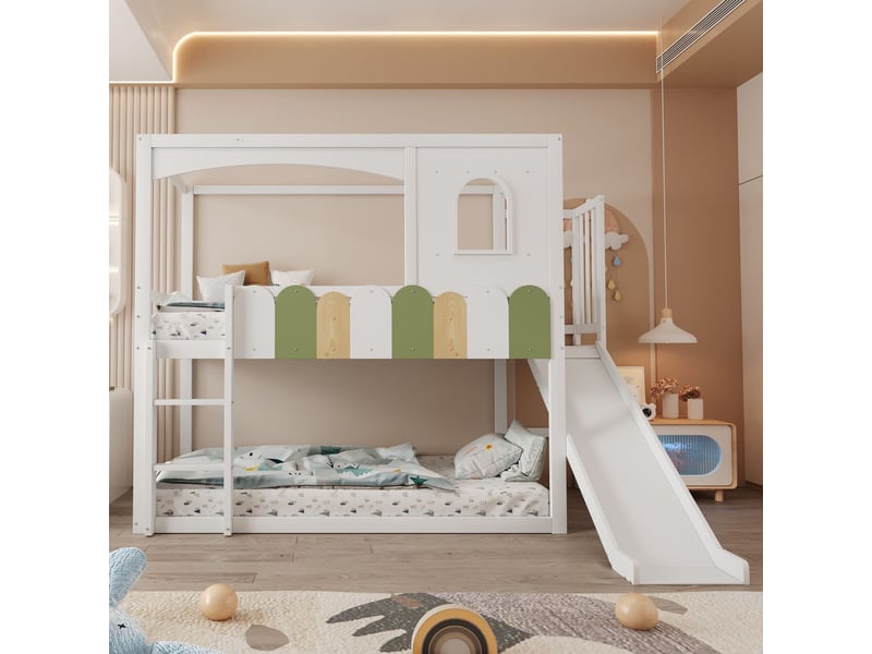  Lit superposé 90x200 forme cabane avec toboggan - lit superposé enfant - barrière multicolore, fenêtres, bois, blanc  - Conforama A