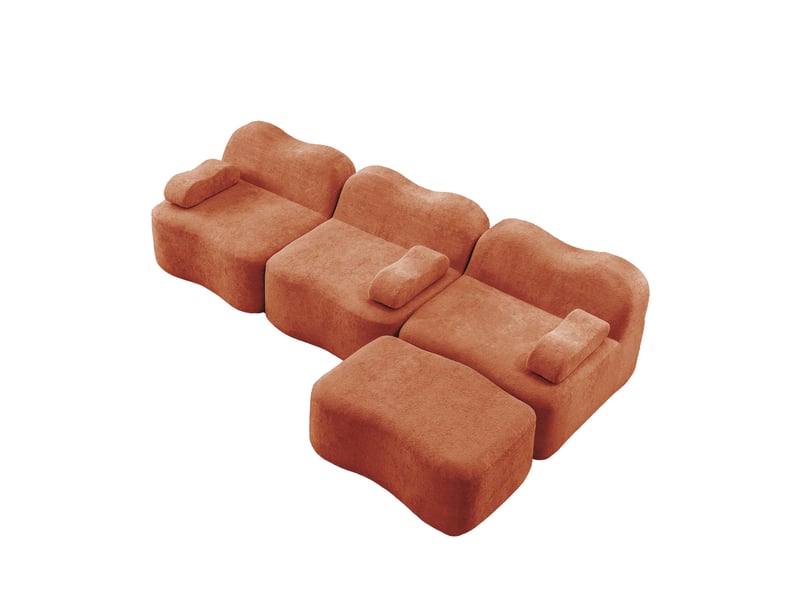  Canapé d'angle modulable 3 places en velours orange avec ottoman, silhouette vague, confort quotidien  - Conforama A