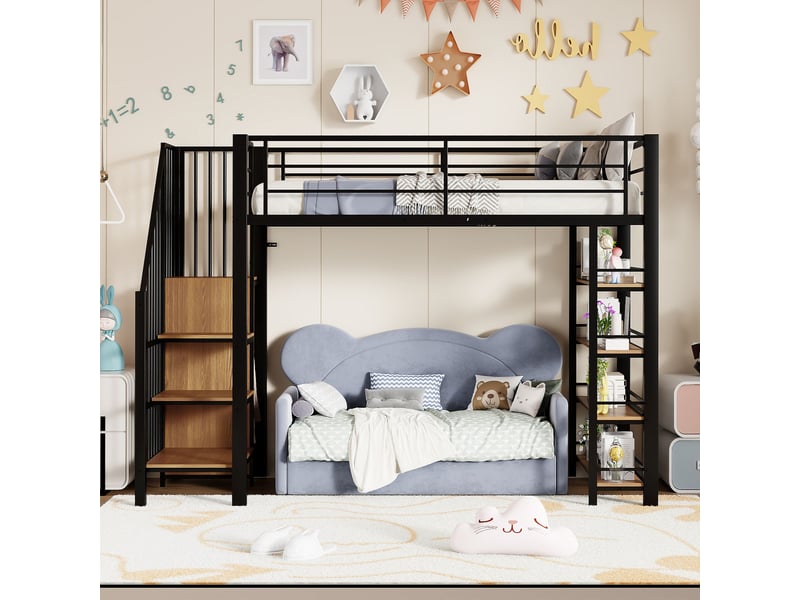 Lit mezzanine noir 90x200cm avec escalier rangement, armoire, bureau et étagères, gain de place, durable - fer - pour enfant ado  - Conforama C