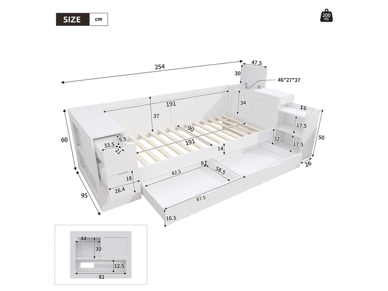  Lit simple enfant 90 x 190 cm, avec tiroirs et espace de rangement, matelas non inclus, blanc.  - Conforama D