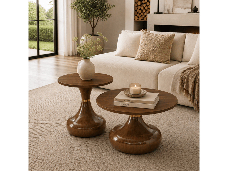  Lot de 2 tables basses, table ronde 70 cm et 50 cm, effet noyer avec détail doré, structure en mdf et métal pour salon.  - Conforama R