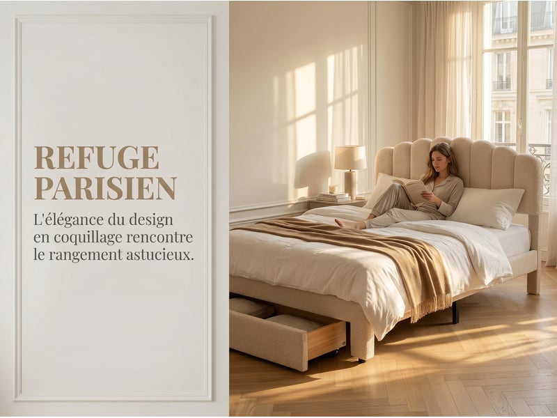  Lit 2 places 160 x 200 cm,beige - avec tiroirs, tête de lit ondulée et port usb  - Conforama E