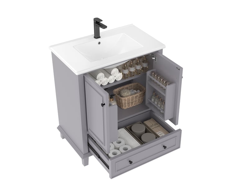Meuble sous vasque avec 2 portes, 1 tiroir et étagère réglable, vasque en céramique pour salle de bain, 76×46×87 cm - Conforama A