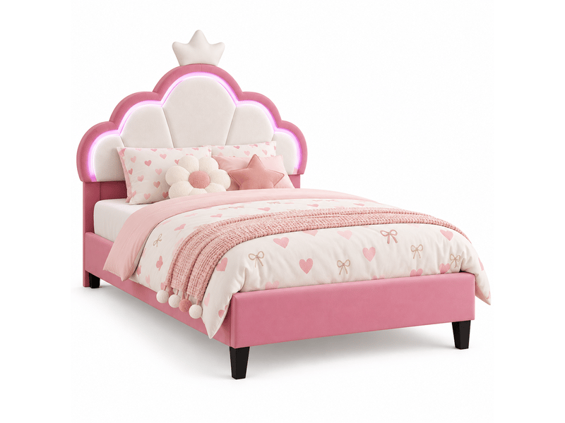 Lit capitonné 90 x 190 cm, lit enfant avec sommiers à lattes et dossier,cadre de lit pour fille, lit enfant 90x190 cm, lumière led, lit fille avec tête de lit réglable en hauteur, décor couronne, lit rembourré enfant, 1 person… - Conforama A