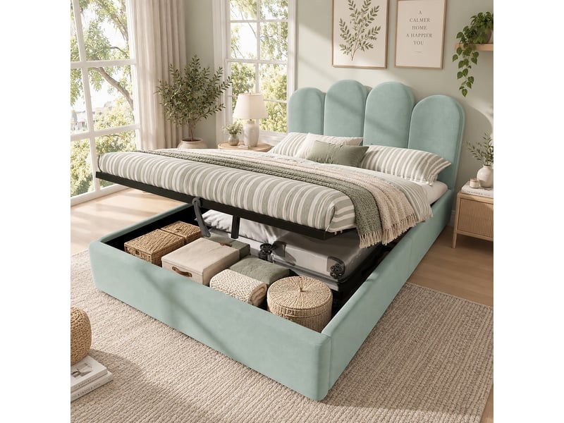  Lit avec rangement, lit jeune vert, 140x200 cm en velours, tête de lit bionforme et structure plate  - Conforama D