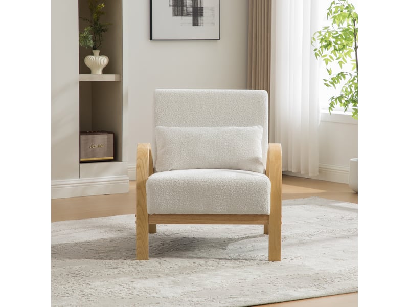  Fauteuil 70,5 x 82,5 x 80,5 cm –  accoudoirs courbés en bois massif – tissu chenille - ivoire  - Conforama D