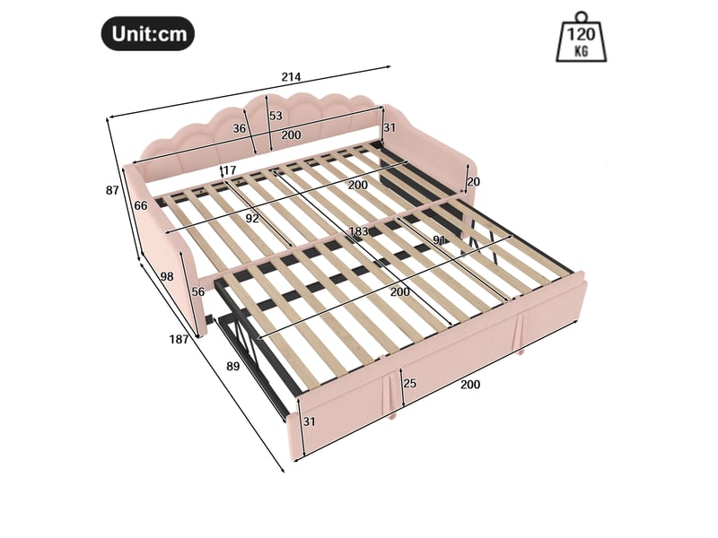 Lit banquette rose 90/180x200 cm en velours, lit gigogne, led multicolore - Conforama C