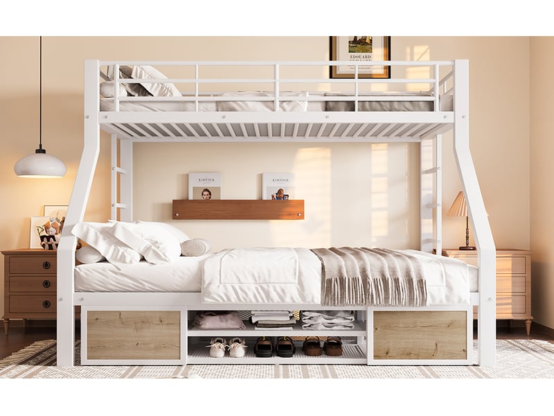 Lit superposé 90 × 200 et 140 × 200 cm, meuble à chaussures, rangements, barrières, échelle, métal et mdf, blanc - Conforama B