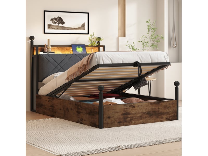 Lit simple 90x190 cm avec rangement hydraulique, led, usb-c et baldaquin noir - Conforama E
