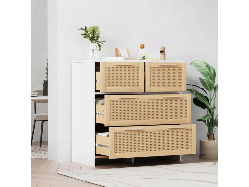 Commode de chambre, 80x80x38 cm, meuble de rangement chiffonnier pour salon et entrée, 4 tiroirs en rotin naturel, naturel et blanc - Conforama C