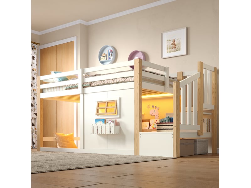  Lit mezzanine enfant 90x200 cm avec escalier de rangement et led naturel et blanc  - Conforama B