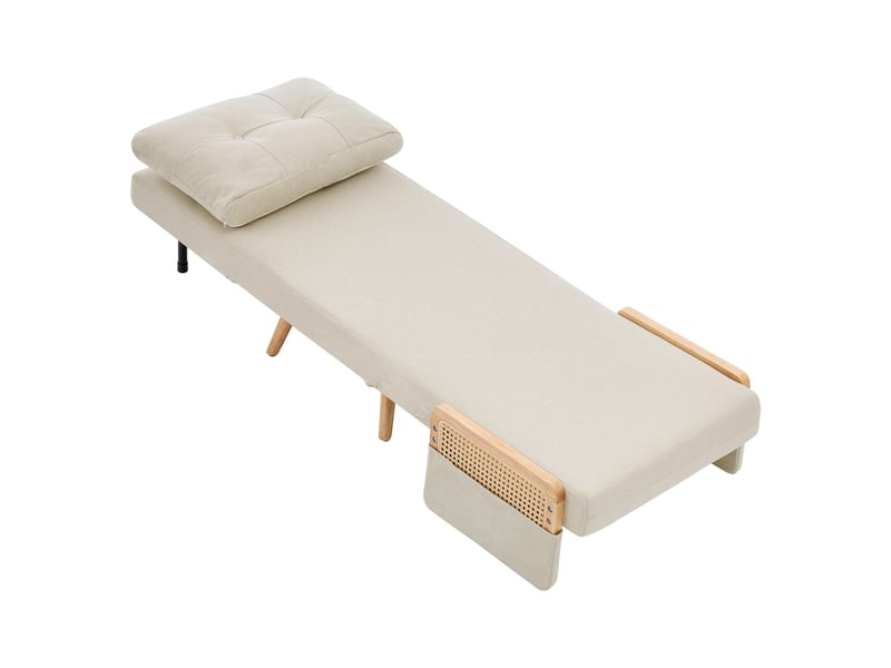  Fauteuil convertible 3-en-1 67.5x73x86.5cm – avec armlehnen en rotin, dossier réglable 5 positions et coussin lombaire – tissu de lin - beige  - Conforama A