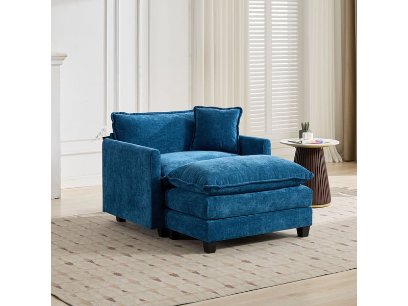 Fauteuil 1 place en tissu chenille bleu, sans ottoman, assise respirante et confortable  - Conforama D