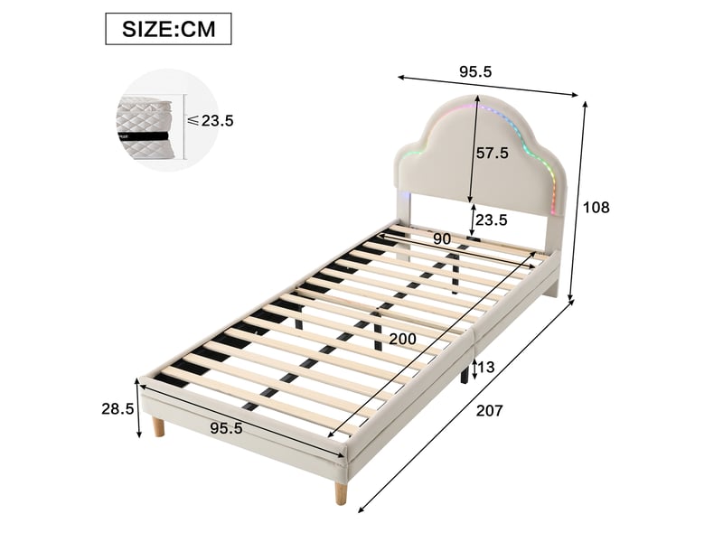  Modenvie lit enfant 90x200 cm - tête de lit nuage, led multicolore, sans matelas - beige  - Conforama C