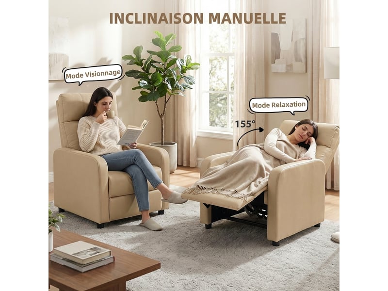  Fauteuil relax inclinable, fauteuil de relaxation en pu avec repose-pieds, beige, dossier réglable par poussée  - Conforama D