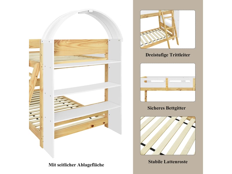  Lit superposé pour enfant 90x200 cm avec étagère, lit 1 personne avec barrières, structure de lit adulte en pin, blanc + bois  - Conforama W