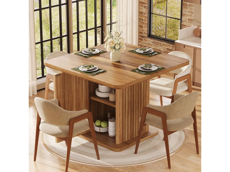  Table de cuisine 80 x 80 cm rangement intégré bandes en relief verticales aspect bois brun foncé style moderne  - Conforama B