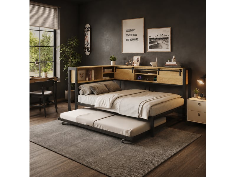  Lit jeune, lit gigogne 120x200 cm, noir, doté de tête de lit rangement, aspect bois  - Conforama E