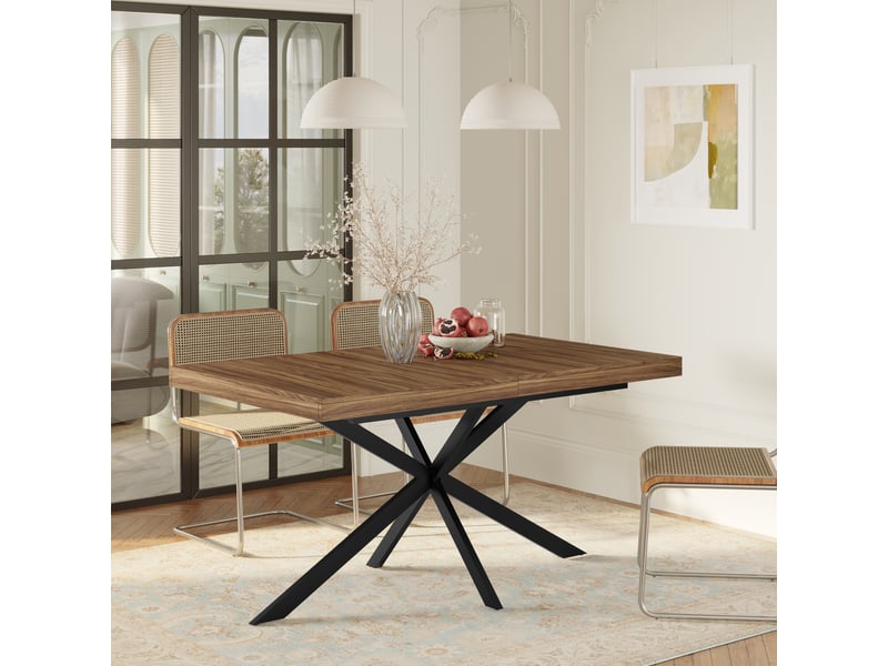  Table à manger extensible 140-180 x 80 cm avec rangement dissimulé, plateau mdf effet noyer, pieds métal noir en x, 4 à 6 places  - Conforama C