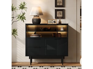 Meuble de rangement avec portes coulissantes en verre, niches ouvertes et led réglable, pour salon, mdf noir