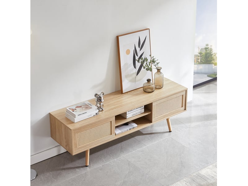  Meuble tv avec 2 portes coulissantes en rotin, 3 étagères réglables et pieds en bois pour salon, 140 × 40 × 45 cm  - Conforama D