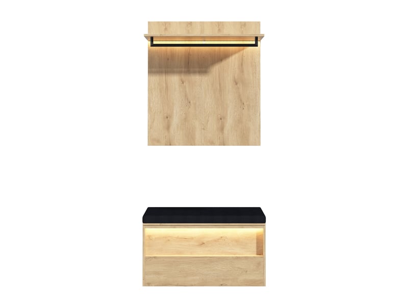  Meuble d'entrée 90x47x145 cm, vestiaire d'entrée moderne avec led et coussin pour couloir, avec banc à chaussures et portemanteau, bois  - Conforama A