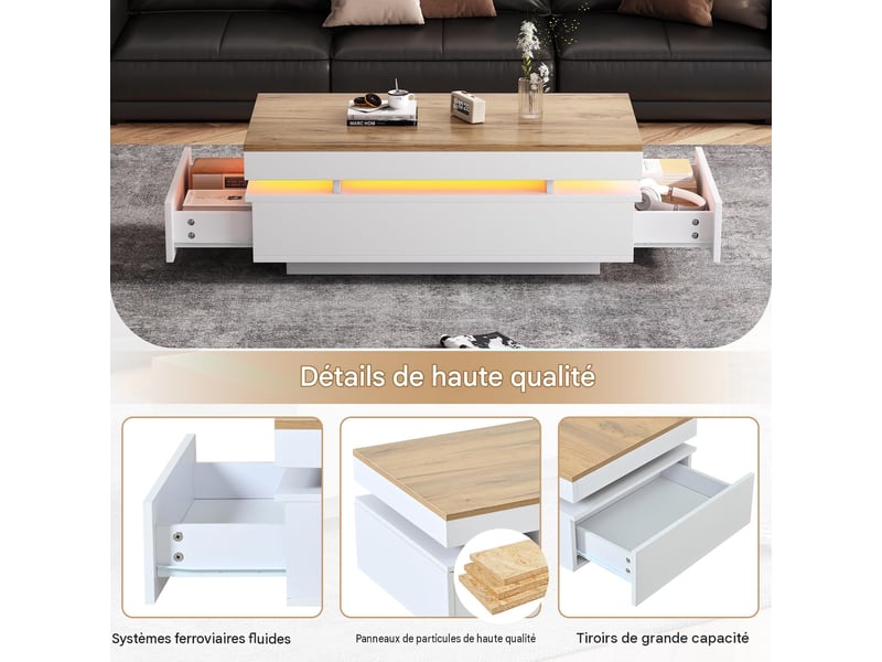  Table basse avec 2 tiroirs et led en panneau de particules blanc et bois 100x50x35 cm - pangivo  - Conforama D