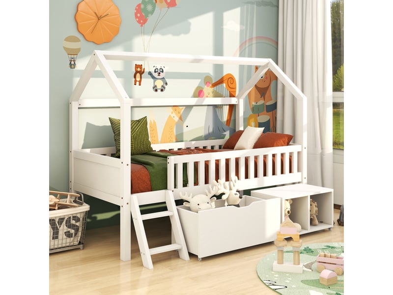 Lit cabane enfant 90x200 cm avec tiroirs et rangements - bois massif blanc barrière de sécurité  - Conforama E