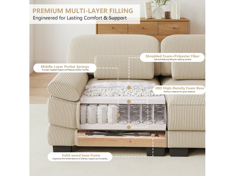  Canapé modulable 2 places 194x161x94 cm avec 2 poufs en velours côtelé beige  - Conforama E