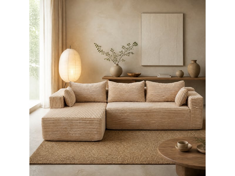  Canapé d'angle modulaire sans montage avec assise profonde et coussins, pour salon, en velours côtelé beige  - Conforama E