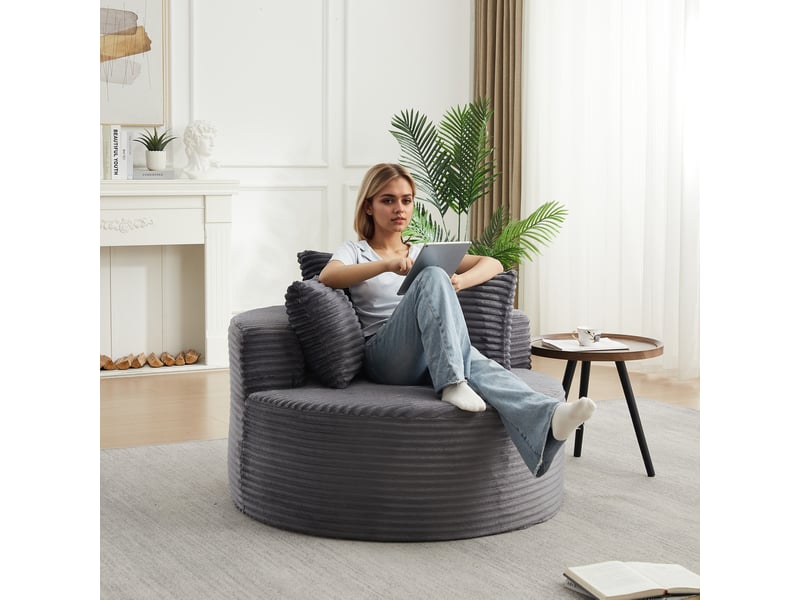  Fauteuil lounge rond 110 cm en velours côtelé, 1 place, assise mousse et ressorts, 3 coussins, gris, design moderne  - Conforama D