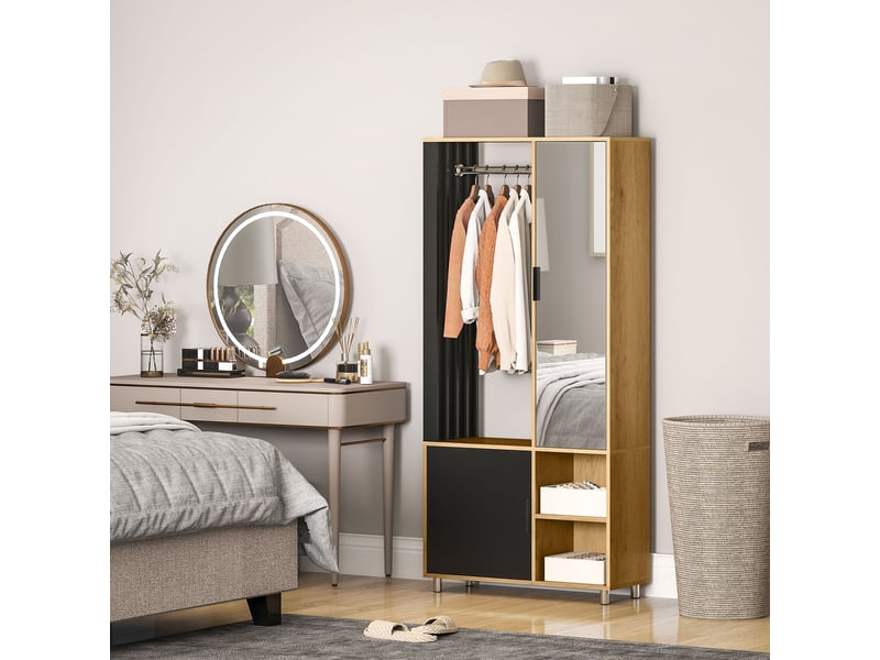  Armoire avec miroir et penderie, compartiments de rangement, étagères ouvertes, bois naturel, noir  - Conforama D
