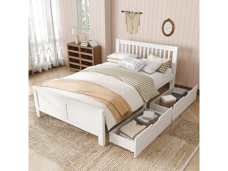  Lit double en pin blanc 140x200 cm, sommier stable, deux tiroirs à roulettes et style épuré  - Conforama E