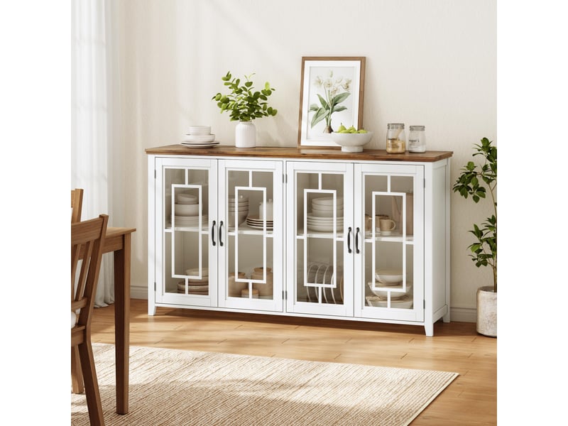  Buffet de cuisine 160 cm blanc avec plateau effet bois, meuble de rangement 4 portes en verre pour salle à manger  - Conforama R