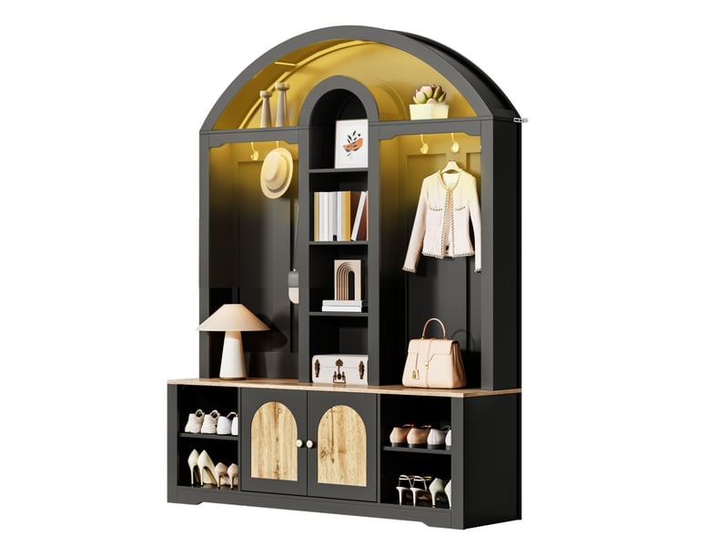  Vestiaire 150x40x195 cm, mdf, crochets, éclairage led, style moderne, espace de rangement à chaussures, grande capacité de espace de rangement, noir  - Conforama A