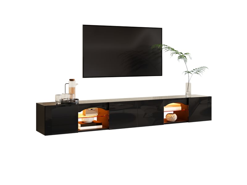  Meuble tv 4 portes et 2 niches avec led pilotée par application pour salon 200×30×28 cm noir  - Conforama A