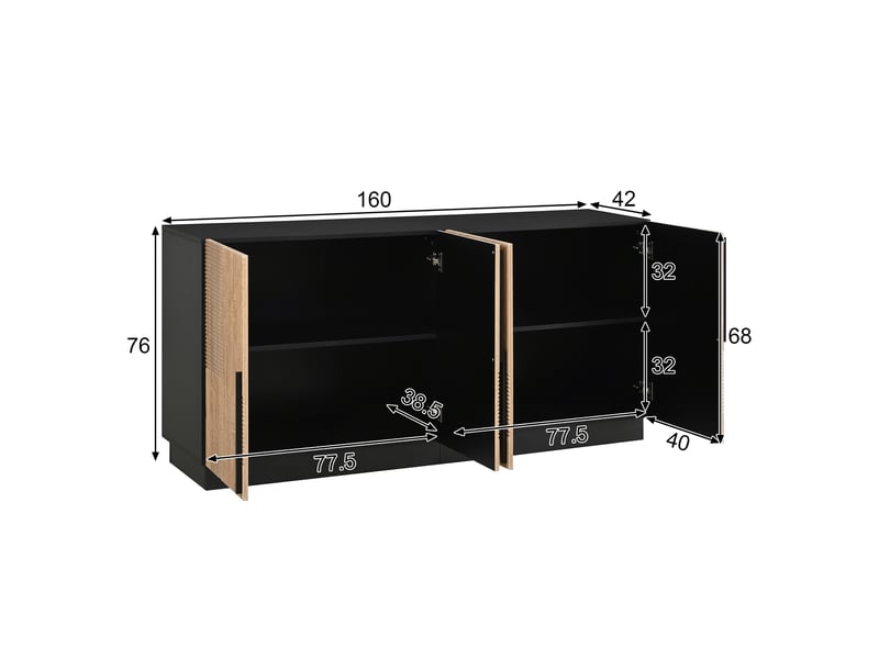  Buffet de cuisine, 160x35x80cm, buffet bas de salle à manger vaisselier, bois et métal avec 4 portes cannelées et étagères réglables, noyer et noir  - Conforama E