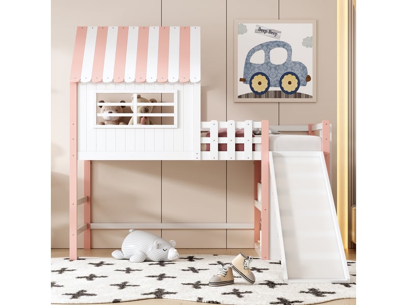 Lit mezzanine enfant rose avec toboggan 90x200 cm - bois massif et rangements intégrés - Conforama D