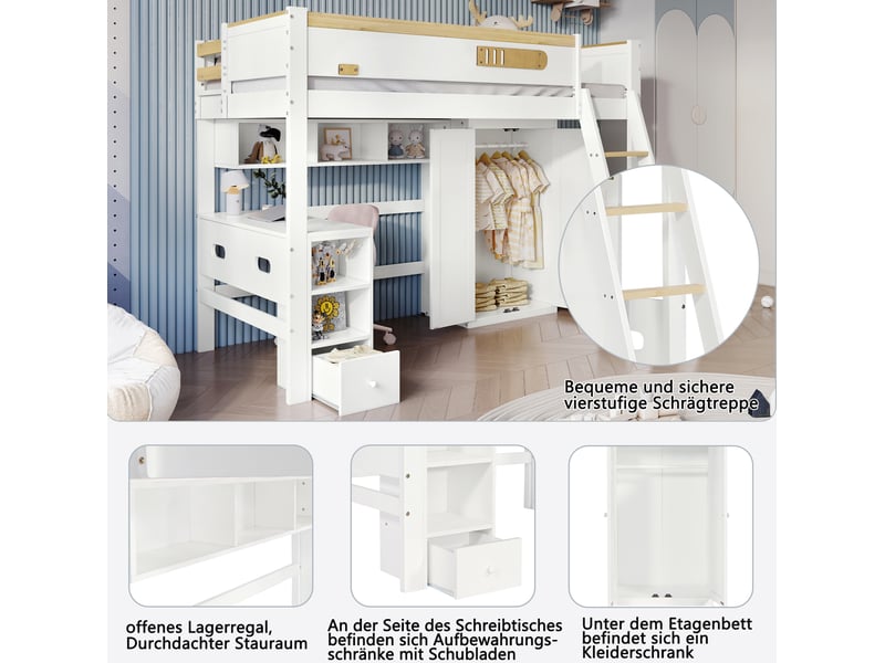 Lit mezzanine enfant 90x200 cm – blanc et naturel – bureau, armoire et rangements intégrés – sans matelas - Conforama E
