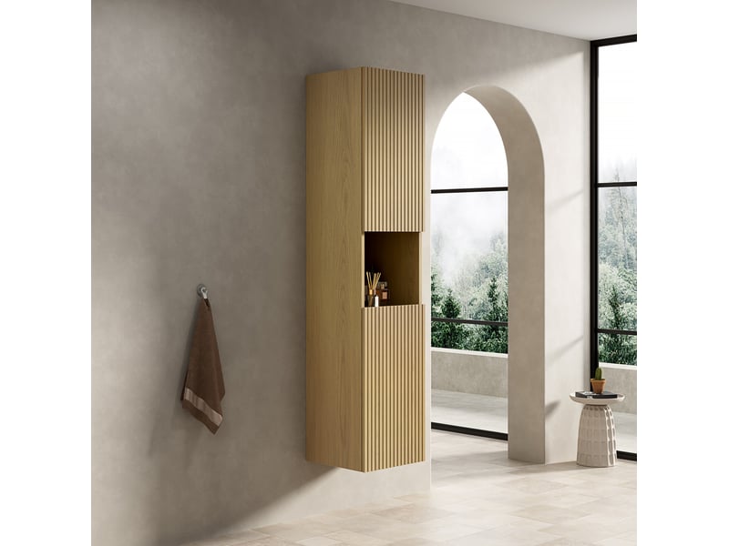 Armoire murale de salle de bain avec 2 portes, niche ouverte et étagères réglables, en contreplaqué chêne doré - Conforama D